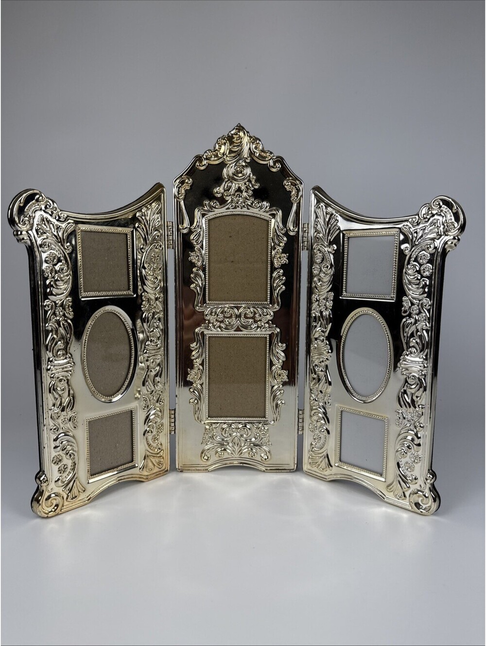 Vintage Godinger Silver Plate Tri‑Fold Photo Frame Rococo Style 7 Openings